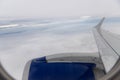 view of jet plane wing on the background of thick clouds and blue sky Royalty Free Stock Photo