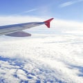 View of jet plane wing with cloud patterns Royalty Free Stock Photo