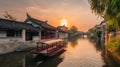 view of Jiangnan Ancient Town Bridge Boat Small River generative AI