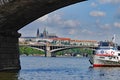 View of Jirasek Bridge and St Vitus Cathedral Prague Czech Republic