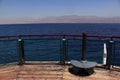 The pink mountains of Jordan from Eilat from the underwater observatory park. Royalty Free Stock Photo