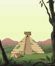 View from the jungle at the Mayan pyramid. Archaeological landmark, ancient temple of Mexican culture. Wildlife scene, vertical