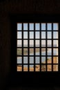 View of Juromenha castle with grid window in Alentejo landscape, in Portugal Royalty Free Stock Photo