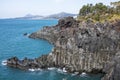 View of the Jusangjeollidae. Jusangjeolli are stone pillars piled up along the coast and is a designated cultural monument of Jeju