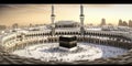 View of kaaba in makkah with crowd of muslim people generative AI