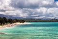 View of Kailua beach with lots of people sunbathing and swimming