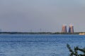 View of the Kakhovka Reservoir and Enerhodar town on horizon. Zaporizhia region, Ukraine