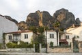 The view from Kalabaka town on the natural caves for monks in the rock formations of Meteora, Greece Royalty Free Stock Photo