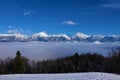 View of Kamnik-Savinja alps with mountains Storzic, Kocna and Grintovec in Gorenjska, Slovenia Royalty Free Stock Photo