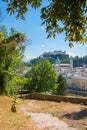 view from Kapuzinerberg Salzburg to fortress Hohensalzburg, austrian tourist destination