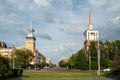 View of Karl Marx Avenue with a road going into the distance on a summer day in the city of Krasnoyarsk, Russia