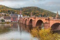 View on the Karl Theodor Bridge (German: Karl-Theodor-BrÃ¼cke) and the old gate in the german city Heidelberg