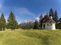 View on karwendel mountains and the chapel maria koenigin queen maria, bavaria, germany