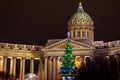 View of Kazan Cathedral and Christmas Tree at night. Saint Petersburg. Russia Royalty Free Stock Photo