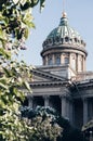 Kazan Orthodox Cathedral in St. Petersburg on a Sunny summer day, lilac Bush Royalty Free Stock Photo