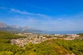View of Kemer town on coast of the Mediterranean sea in Antalya province, Turkey. Turkish Riviera. View from a mountain Royalty Free Stock Photo
