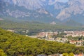 View of Kemer town on coast of the Mediterranean sea in Antalya province, Turkey. Turkish Riviera. View from a mountain Royalty Free Stock Photo