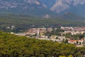 View of Kemer town on a coast of the Mediterranean sea in Antalya province, Turkey. Turkish Riviera. View from mountain Royalty Free Stock Photo