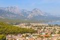 View of Kemer town on coast of the Mediterranean sea in Antalya province, Turkey. Turkish Riviera. View from a mountain Royalty Free Stock Photo