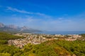 View of Kemer town on coast of the Mediterranean sea in Antalya province, Turkey. Turkish Riviera. View from a mountain Royalty Free Stock Photo