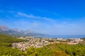 View of Kemer town on a coast of the Mediterranean sea in Antalya province, Turkey. Turkish Riviera. View from a mountain Royalty Free Stock Photo