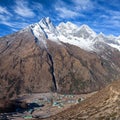 View of Khumjung village and holy mount Khumbila in Sagarmatha National park, Nepal Himalaya