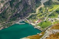 View from the Kjerag trail to Lyseboth small norwegian town located at the end of Lysefjord, Forsand municipality, Rogaland county