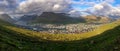 View from Klakkur mountain over the city of Klaksvik and the Atlantic Ocean in the Faroe Islands, Denmark, panoramic