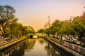View of Klong Phadung Krung Kasem, the canal dug in 1851 in order to serve as a new outer moat for the expanding city. Evening Royalty Free Stock Photo