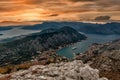 The view of Kotor and Boka bay from above in the sunset, Monten