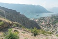 View of Kotor and cruise ship from mountain path,Kotor municipality,Montenegro