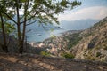 View of Kotor and cruise ship from mountain path,Kotor municipality,Montenegro