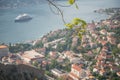 View of Kotor and cruise ship from mountain path,Kotor municipality,Montenegro