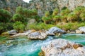 View of Kourtaliotis river and canyon near Preveli beach at Libyan sea, river and palm forest, southern Crete.