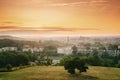 View on Krakow city landscape at the sunset from the Krakus Mound, legendary cult place in Poland Royalty Free Stock Photo