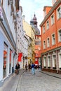 View from Kramu Street to the old buildings and top view of Riga cathedral, Old Town, Riga