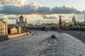 View of the Kremlin and the embankments from the Patriarchal Bridge and the Cathedral of Christ the Savior in Moscow, Russia Royalty Free Stock Photo