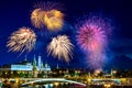 View of Kremlin with fireworks during blue hour in Moscow, Russia. 9 May Victory day against Germany celebration in Russia
