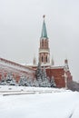 View of Kremlin wall and Nikolskaya Tower in winter. Moscow. Russia Royalty Free Stock Photo