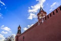 View of the Kremlin wall, the Tsar`s Tower and the Nabatnaya Tower of the Moscow Kremlin on a sunny day of late autumn. Russia.