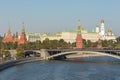 View of Kremlin walls with Water Supplying, Borovitskaya towers and the Grand Kremlin Palace.Moscow, Russia.