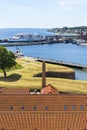 View from Kronborg castle tower on Oresund Strait and Helsingor Ferry Terminal to Helsingborg, Helsingor, Denmark Royalty Free Stock Photo