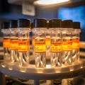 View of lab centrifuge tubes Action Scene. Close-up of labeled centrifuge tubes in a rack Background. Generative AI Royalty Free Stock Photo