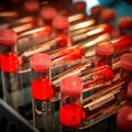 View of lab centrifuge tubes Action Scene. Close-up of labeled centrifuge tubes in a rack Background. Generative AI Royalty Free Stock Photo