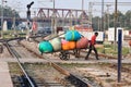 View of labour called cooly in an Indian railway station Royalty Free Stock Photo
