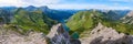 View from Lachenspitze mountain peak towards Traualpsee and Vilsalpsee lakes, at the end of the via ferrata tour. Panorama.