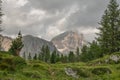 View from Lago di Limides towards Tofana di Rozes mountain in the Italian Dolomites. Alpine summer view with pine trees