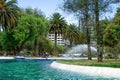 View of the lagoon with a fountain, in the public park of La Carolina in the north of the city of Quito. Ecuador.