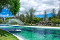 View of the lagoon with a fountain, in the public park of La Carolina in the north of the city of Quito. Ecuador.