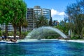 View of the lagoon with a fountain, in the public park of La Carolina in the north of the city of Quito. Ecuador.